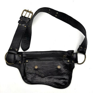 Vintage 90s HIPSTIRR Black Genuine Leather Brass O-ring Unisex Belt Bag 34-41"